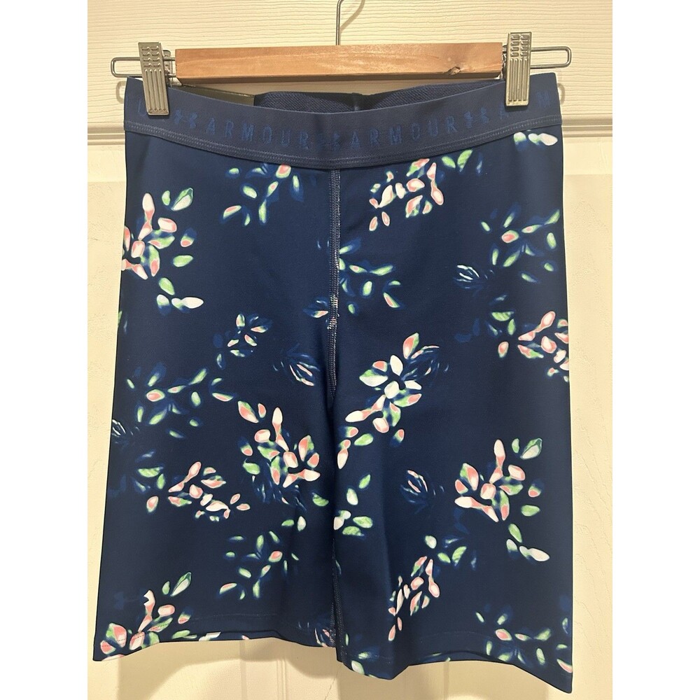 Under Armour Women’s 8” High Rise Bike Shorts Size M Blue Floral Compression Fit